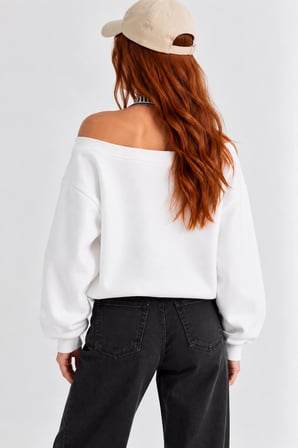 Kadın Lucky 96 Baskılı Kayık Yaka Çift Görünümlü Sweatshirt - Beyaz