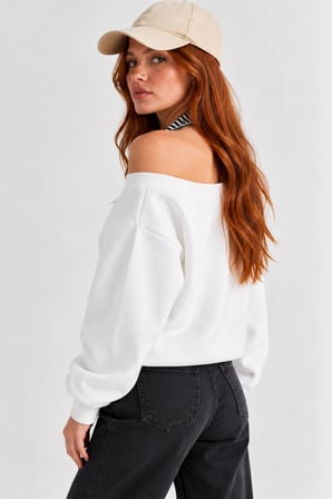 Kadın Lucky 96 Baskılı Kayık Yaka Çift Görünümlü Sweatshirt - Beyaz