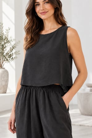 Beli Lastikli Modal Pantolon & Kalın Askılı Bluz Takımı - Siyah