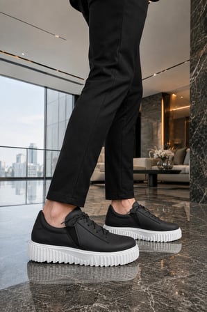 Dlob Erkek Bağcıklı Cilt Günlük Casual Spor Sneaker Ayakkabı - Siyah Beyaz