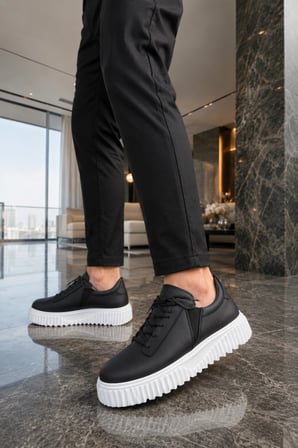 Dlob Erkek Bağcıklı Cilt Günlük Casual Spor Sneaker Ayakkabı - Siyah Beyaz