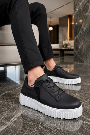 Dlob Erkek Bağcıklı Cilt Günlük Casual Spor Sneaker Ayakkabı - Siyah Beyaz