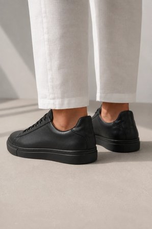 Austin Bağcıklı Cilt Erkek Günlük Sneaker Ayakkabı - Siyah