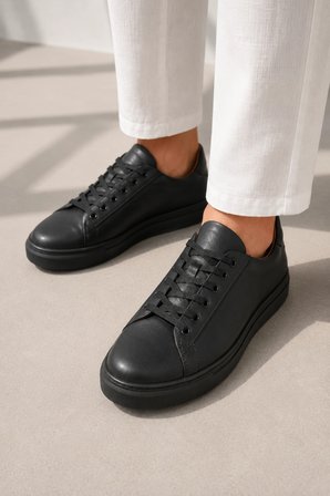Austin Bağcıklı Cilt Erkek Günlük Sneaker Ayakkabı - Siyah