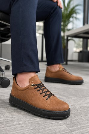Looc Erkek Bağcıklı Cilt Günlük Spor Klasik Ayakkabı - Taba
