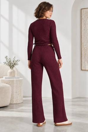 Yan Bağlamalı Crop & Lastikli Yüksek Bel Bürümcük Pantolon Takım - Mürdüm
