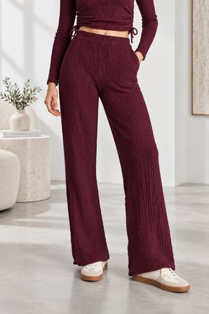 Yan Bağlamalı Crop & Lastikli Yüksek Bel Bürümcük Pantolon Takım - Mürdüm