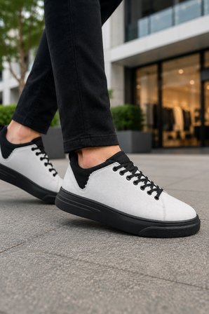 Ont Bağcıklı Keten Dokulu Hafif Taban Erkek Günlük Casual Sneaker Ayakkabı - Beyaz