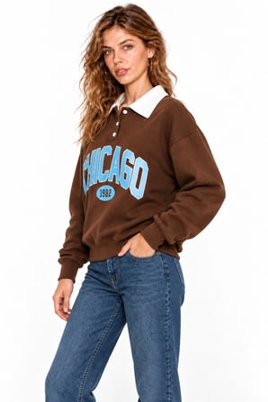 Kadın Chicago Baskılı Polo Yaka Şardonlu Sweatshirt - Üç İplik Oversize- Acı Kahve
