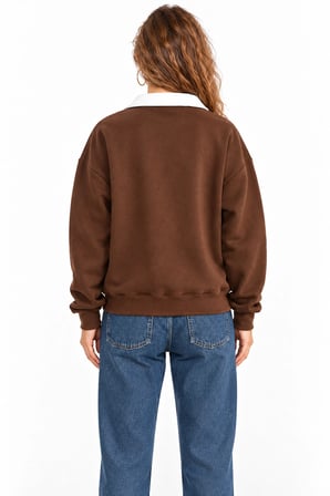 Kadın Chicago Baskılı Polo Yaka Şardonlu Sweatshirt - Üç İplik Oversize- Acı Kahve