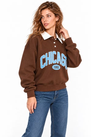 Kadın Chicago Baskılı Polo Yaka Şardonlu Sweatshirt - Üç İplik Oversize- Acı Kahve