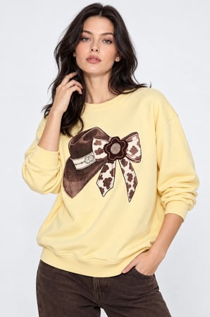 Kadın Taş İşlemeli Fiyonk Baskı Oversize Üç İplik Rahat Kesim Sweatshirt -Sarı