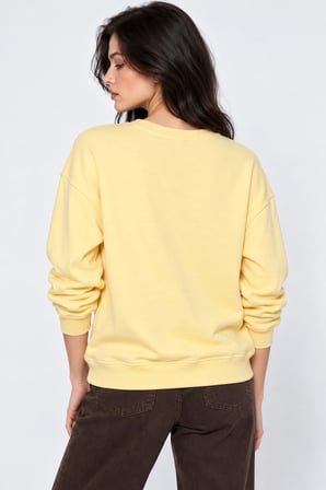 Kadın Taş İşlemeli Fiyonk Baskı Oversize Üç İplik Rahat Kesim Sweatshirt -Sarı
