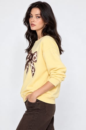 Kadın Taş İşlemeli Fiyonk Baskı Oversize Üç İplik Rahat Kesim Sweatshirt -Sarı