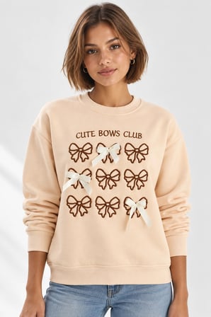 Kadın Fiyonk Nakışlı Kurdele Aksesuarlı Sweatshirt - Üç İplik Şardonlu Sıcak Tutan Üst - Bej