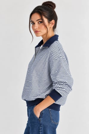 Çizgili Desen Polo Yaka Fermuarlı Oversize Kadın Sweatshirt  - Lacivert