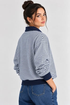 Çizgili Desen Polo Yaka Fermuarlı Oversize Kadın Sweatshirt  - Lacivert