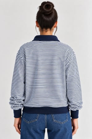 Çizgili Desen Polo Yaka Fermuarlı Oversize Kadın Sweatshirt  - Lacivert