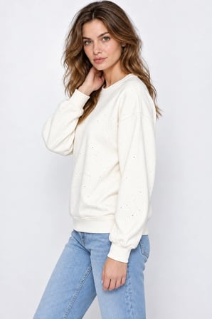 Yaldız Baskılı Zincirli ve Fularlı Kadın Oversize Modal Sweatshirt- Beyaz