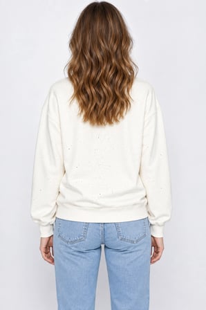 Yaldız Baskılı Zincirli ve Fularlı Kadın Oversize Modal Sweatshirt- Beyaz