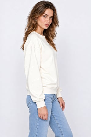 Yaldız Baskılı Zincirli ve Fularlı Kadın Oversize Modal Sweatshirt- Beyaz