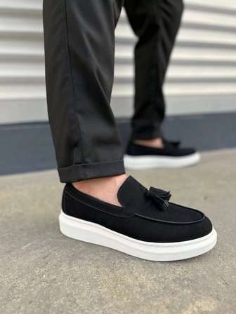 Monaco Bağcıksız Püsküllü Süet Erkek Günlük Spor Klasik Loafer Ayakkabı – Siyah Beyaz