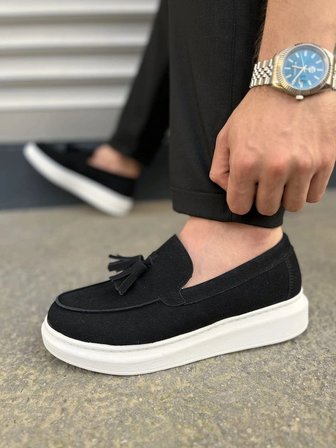 Monaco Bağcıksız Püsküllü Süet Erkek Günlük Spor Klasik Loafer Ayakkabı – Siyah Beyaz