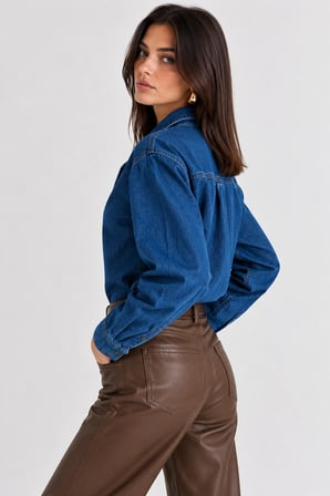 Kadın Asimetrik Yaka Çapraz Düğmeli Oversize Denim Ceket Gömlek - Koyu Mavi