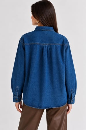 Kadın Asimetrik Yaka Çapraz Düğmeli Oversize Denim Ceket Gömlek - Koyu Mavi