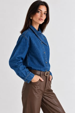 Kadın Asimetrik Yaka Çapraz Düğmeli Oversize Denim Ceket Gömlek - Koyu Mavi