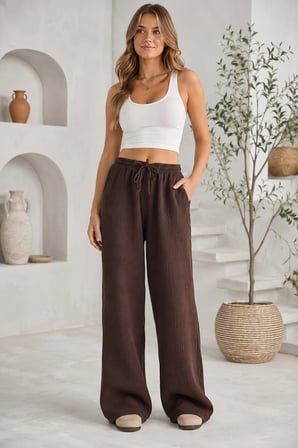 Kadın Bağcıklı Beli Lastikli Müslin Geniş Paça Pantolon - Acı Kahve