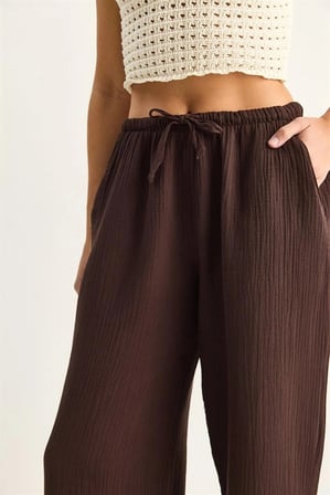 Kadın Bağcıklı Beli Lastikli Müslin Geniş Paça Pantolon - Acı Kahve