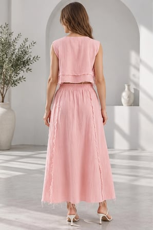 Beli Lastikli ve Yan Bağlamalı Müslin Etek-Crop Takım - Şeker Pembe