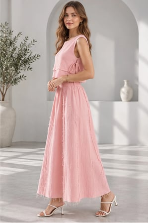 Beli Lastikli ve Yan Bağlamalı Müslin Etek-Crop Takım - Şeker Pembe