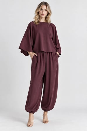 Rahat Kesim Modal Takım - Yarasa Kol Oversize Bluz ve Geniş Paça Şalvar Pantolon - Mürdüm