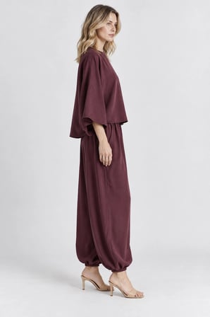 Rahat Kesim Modal Takım - Yarasa Kol Oversize Bluz ve Geniş Paça Şalvar Pantolon - Mürdüm