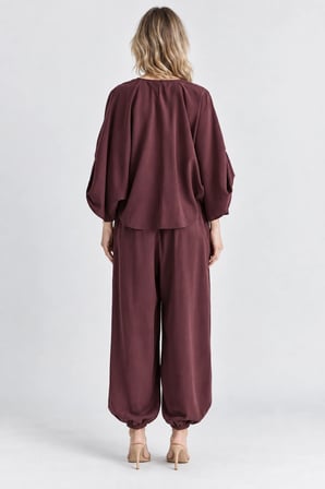 Rahat Kesim Modal Takım - Yarasa Kol Oversize Bluz ve Geniş Paça Şalvar Pantolon - Mürdüm