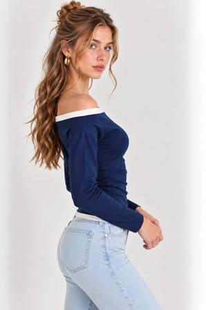 Kadın Şık Kayık Yaka Büzgülü Kontrast Biyeli Bluz Modeli- Lacivert