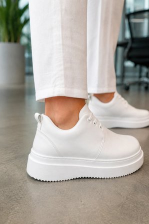 Ornex Erkek Deri Görünümlü Bağcıklı Casual Sneaker Klasik Günlük Ayakkabı - Beyaz