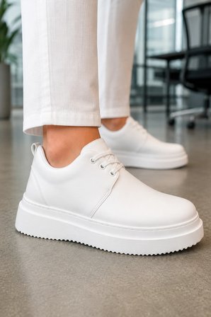 Ornex Erkek Deri Görünümlü Bağcıklı Casual Sneaker Klasik Günlük Ayakkabı - Beyaz