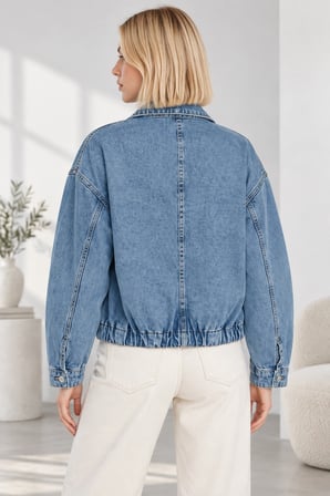 Kadın Fermuarlı Kemerli Oversize Denim Ceket - Beli Kemer Detaylı Kot Ceket - Mavi