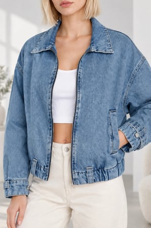 Kadın Fermuarlı Kemerli Oversize Denim Ceket - Beli Kemer Detaylı Kot Ceket - Mavi