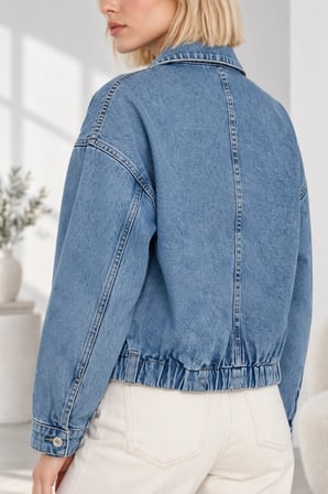 Kadın Fermuarlı Kemerli Oversize Denim Ceket - Beli Kemer Detaylı Kot Ceket - Mavi