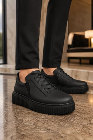 Dlob Erkek Bağcıklı Cilt Günlük Casual Spor Sneaker Ayakkabı - Siyah