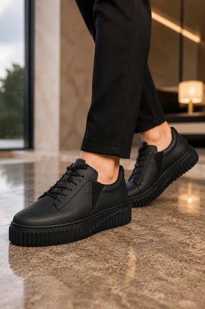 Dlob Erkek Bağcıklı Cilt Günlük Casual Spor Sneaker Ayakkabı - Siyah