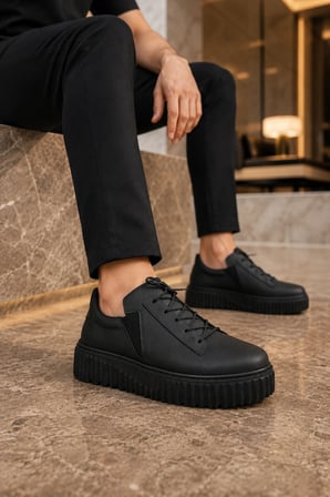 Dlob Erkek Bağcıklı Cilt Günlük Casual Spor Sneaker Ayakkabı - Siyah