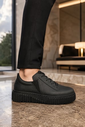 Dlob Erkek Bağcıklı Cilt Günlük Casual Spor Sneaker Ayakkabı - Siyah