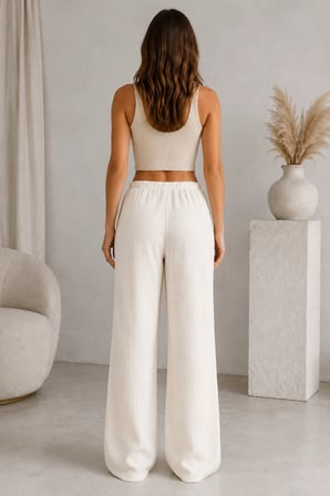 Kadın Bağcıklı Beli Lastikli Müslin Geniş Paça Pantolon - Krem
