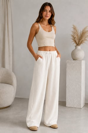 Kadın Bağcıklı Beli Lastikli Müslin Geniş Paça Pantolon - Krem