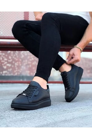 Tromto Bağcıklı Cilt Delikli Erkek Günlük Sneaker Ayakkabı - Siyah